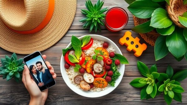 Intermittent fasting healthy meal setup with rice bowl and juice.