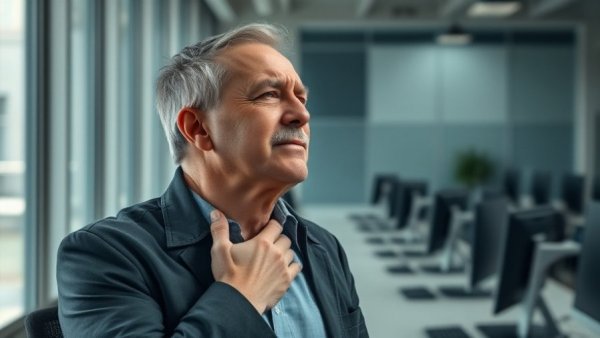 Man holding neck at desk to prevent neck pain in office.