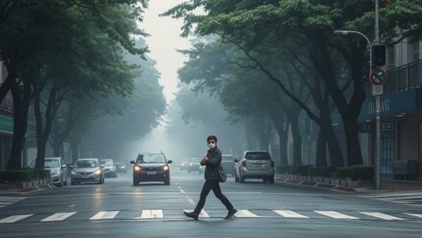Hazy street with bus and masked pedestrian during Oregon air quality advisory.