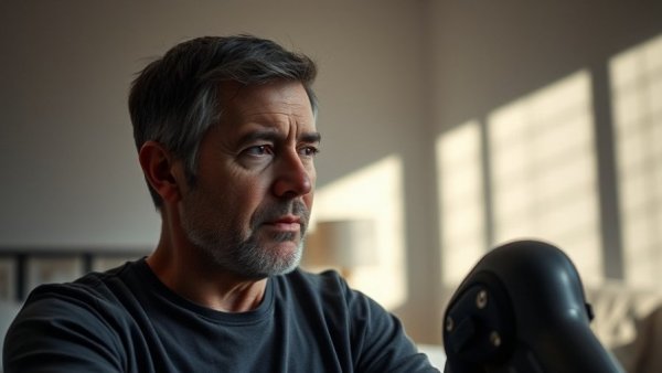 Contemplative man with prosthetic leg in bedroom, body integrity dysphoria.