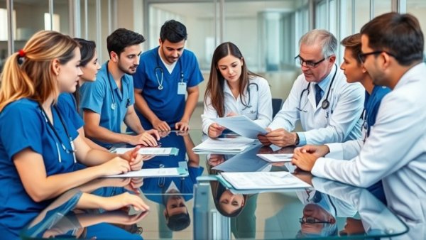 Doctors discussing over a table reflecting medical investigation outcomes.