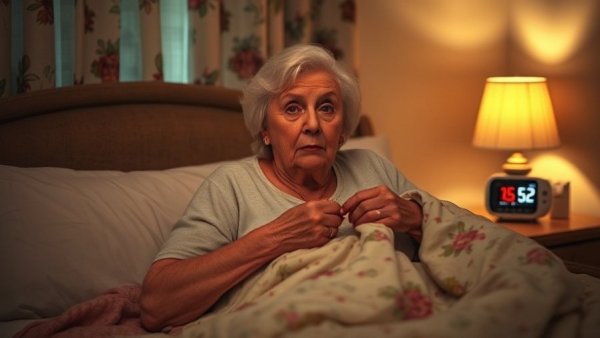 Elderly woman in bed startled by Exploding Head Syndrome, night scene