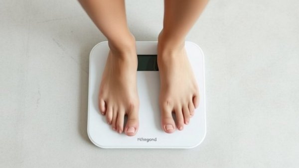 Weight Loss Plateau Solutions: Feet on bathroom scale, minimalist.