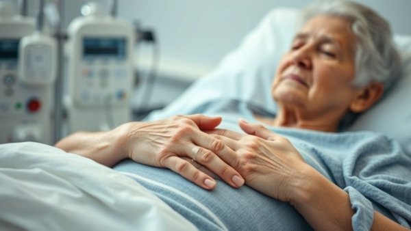 Elderly woman in hospital bed during delayed discharge in Europe.