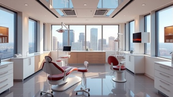 Modern dental clinic in Chelsea with maroon chairs.