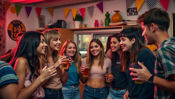 College students socializing while drinking, exploring alcohol drinking patterns in college.