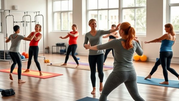 Pilates instructor career guiding class in exercise studio