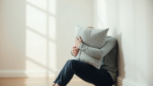 Gentle blurred person sitting contemplatively against wall, soft focus.