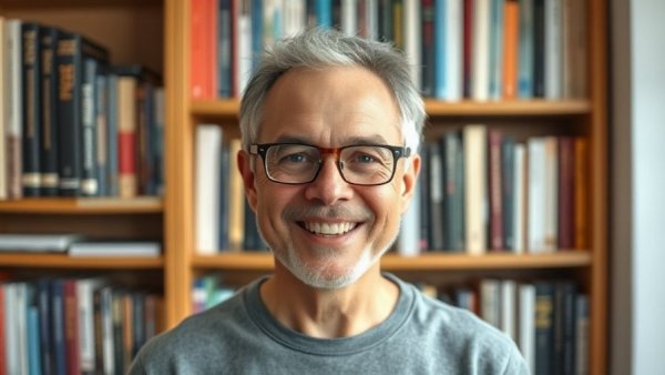 Friendly man smiling with glasses in front of a bookshelf.
