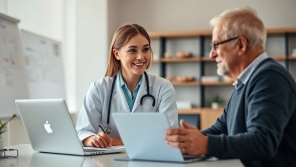 Doctor consulting with patient in modern clinical office.
