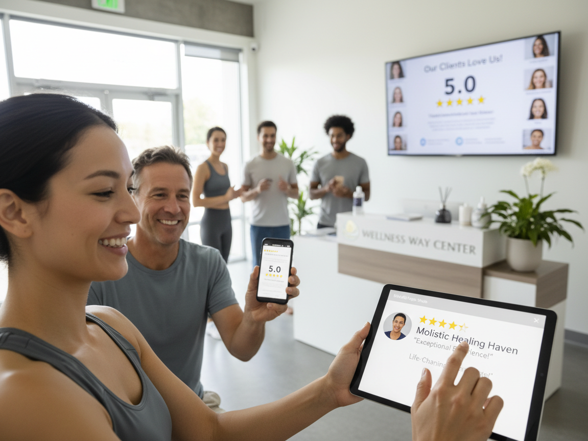 Happy clients leaving 5-star reviews for a wellness business on a laptop.