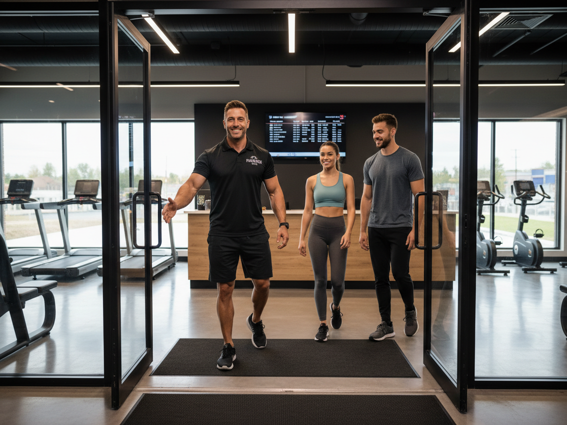 Male gym owner welcoming customers with a friendly smile
