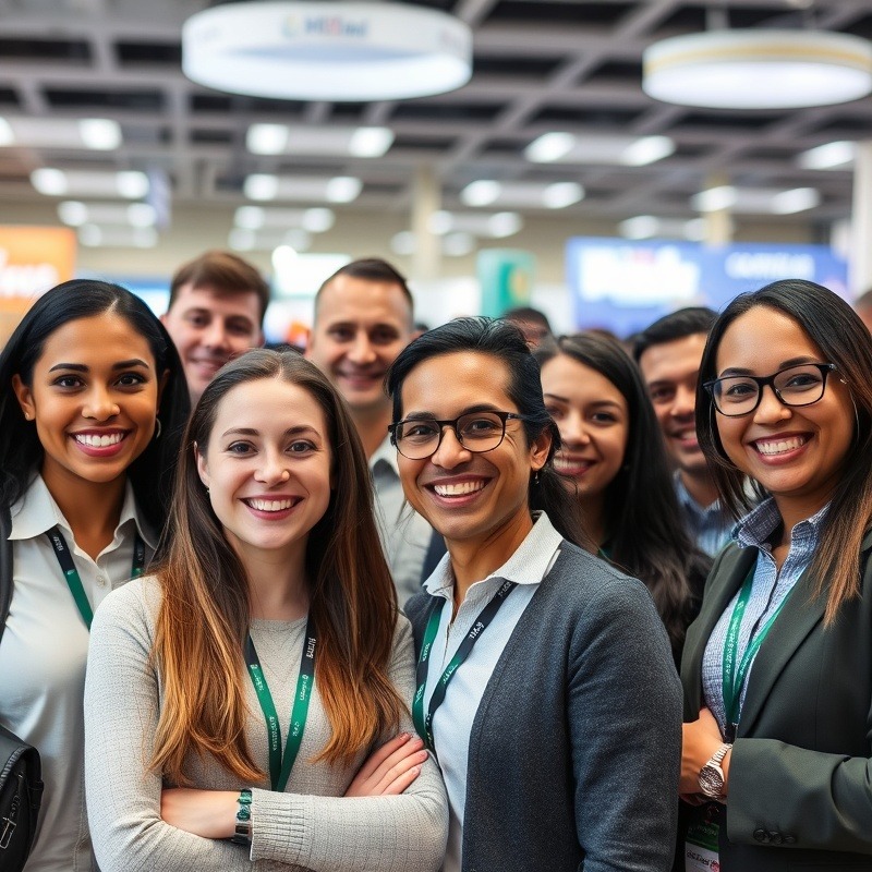 Diverse professionals smiling at a trade show venue, showcasing teamwork and collaboration.