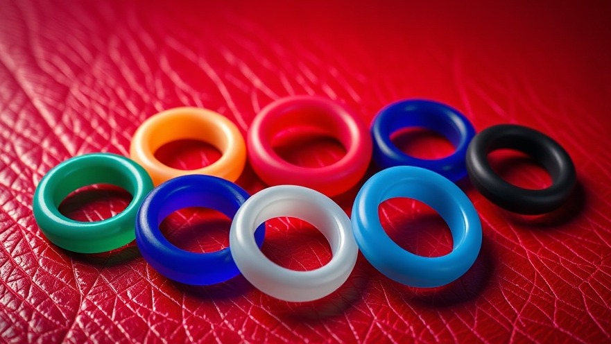 Photorealistic display of 7 vibrant rubber vibrating cock rings on red leather.