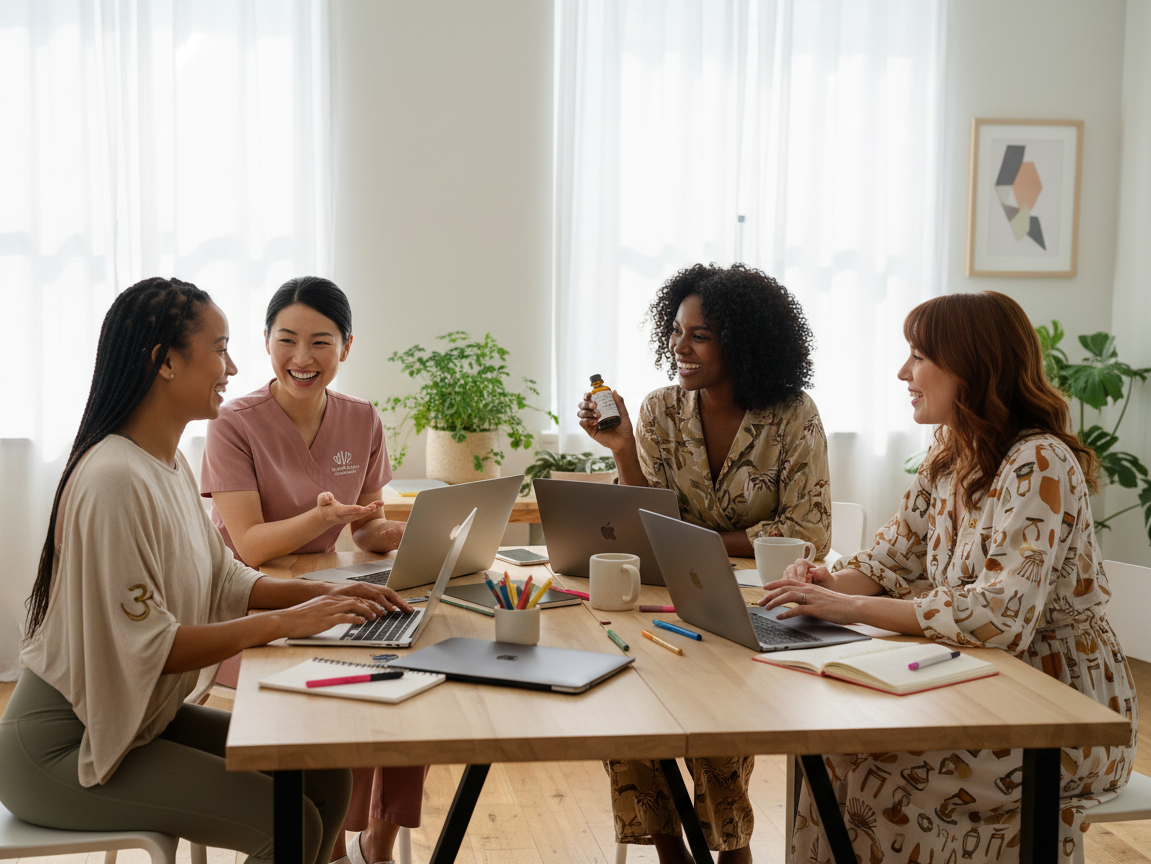 Diverse small business owners collaborating, representing wellness and yoga in a bright setting.