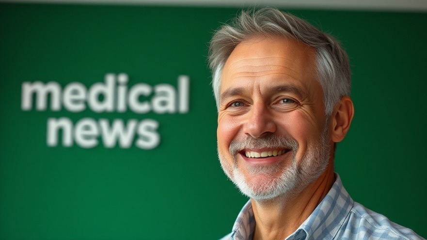 Man smiling in front of medical news backdrop.