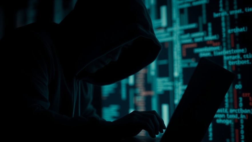 Hooded figure with laptop and digital code, representing ransomware attacks.