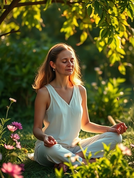 holistic healer, serene, meditating, photorealistic, nature setting with greenery and flowers, highly detailed, gentle breeze and sunlight filtering, 4k resolution, golden hour lighting, shot with a 50mm lens