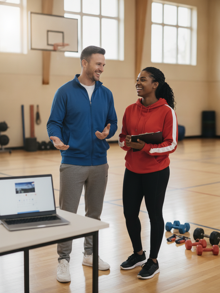 Happy male coach and black female discussing fitness plans over laptop.