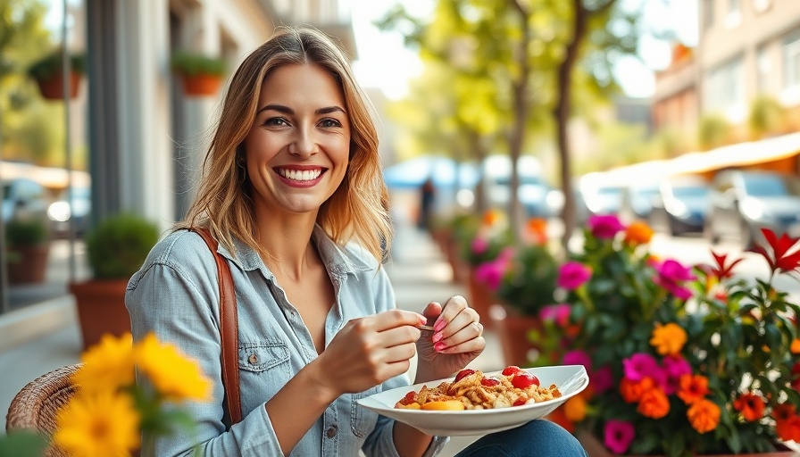 Smiling woman enjoying a meal outdoors in the Willamette Valley.