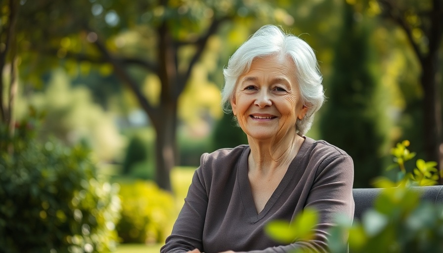 Geriatric behavioral health focus; relaxed older woman in garden.