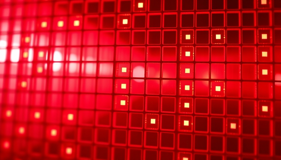 Close-up of red translucent grid with illuminated squares related to 3D Bioprinting.