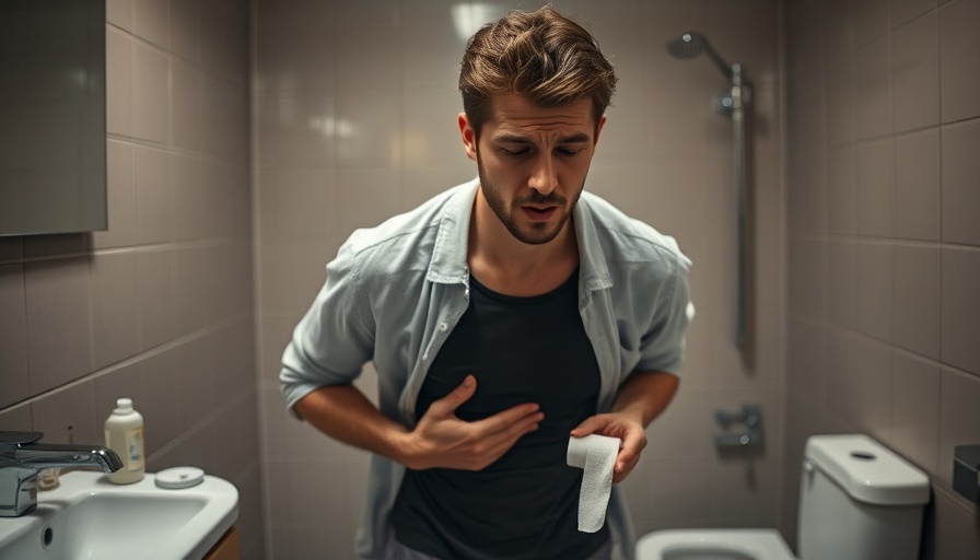 Gut health foods: person holding stomach in bathroom.