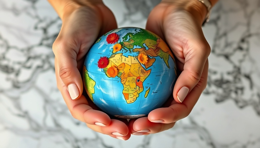 Hands holding globe and floral sphere, symbolizing health geography.