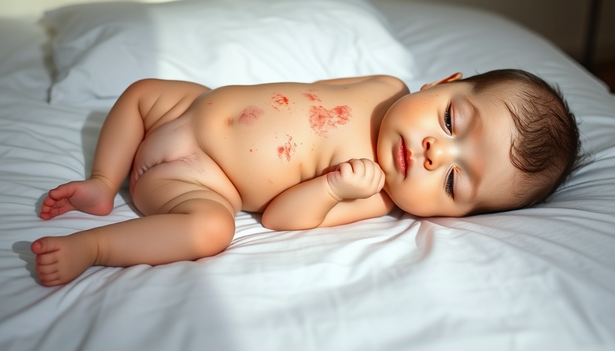 Baby with atopic dermatitis lying on white bed, atopic march