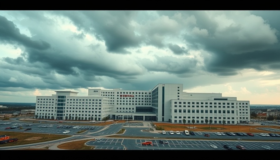 Modern hospital complex against a dramatic cloudy sky.