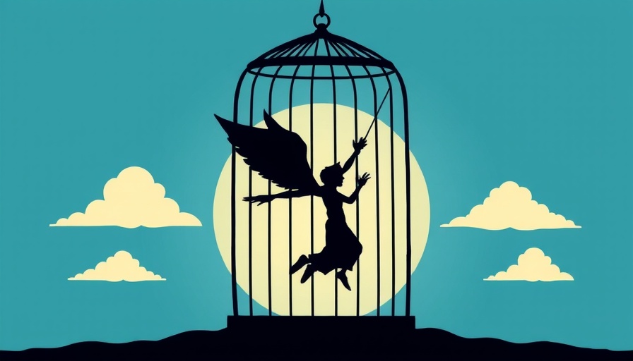 Illustration of winged figure escaping a cage symbolizes self-sabotage.