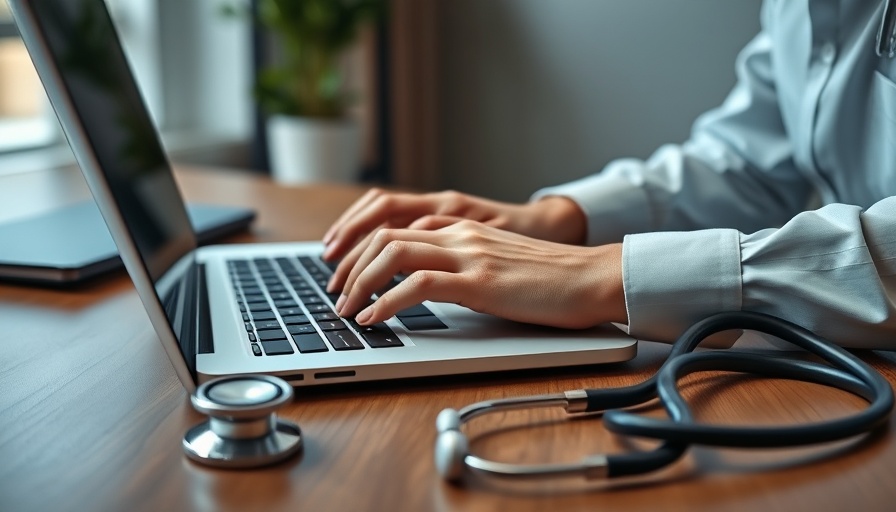 HIPAA Compliance: Hands typing on laptop with stethoscope.