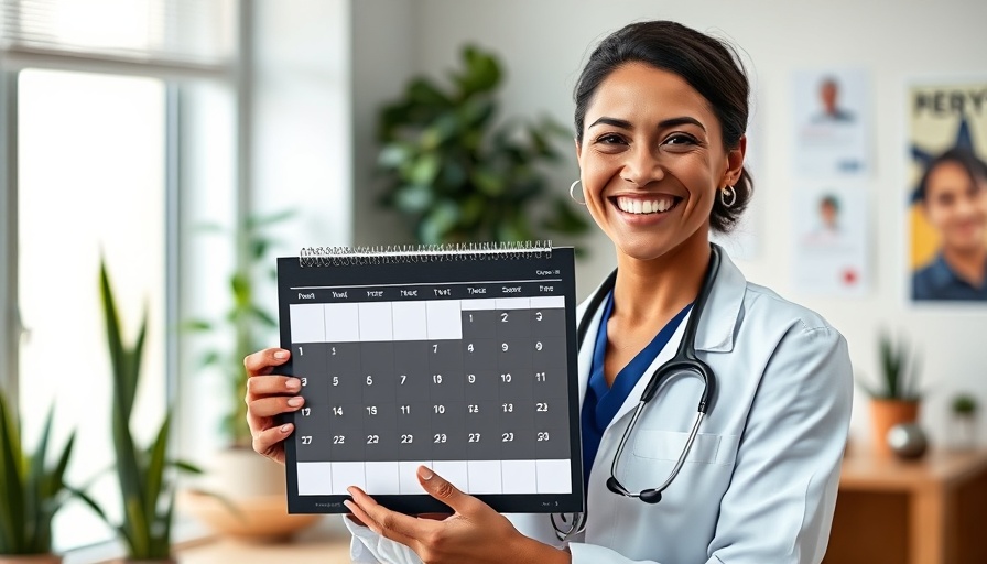 Doctor displaying content calendar on tablet in office setting.