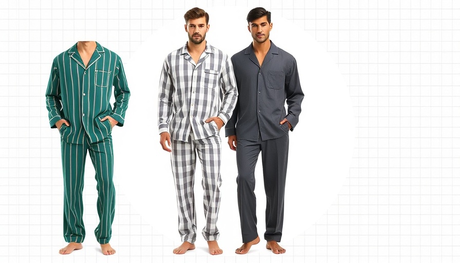 Stylish men's pajamas displayed side by side against a grid background.