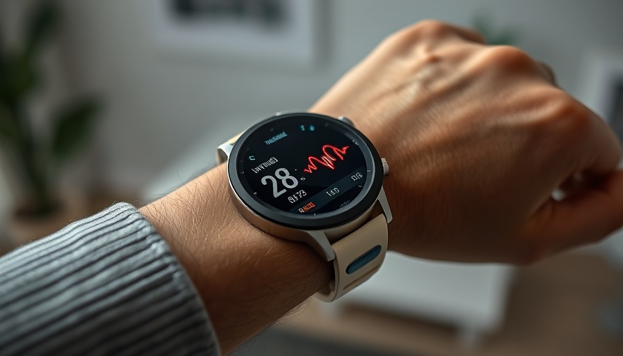 Smartwatch displaying heart rate on wrist with digital heart, smartwatches.