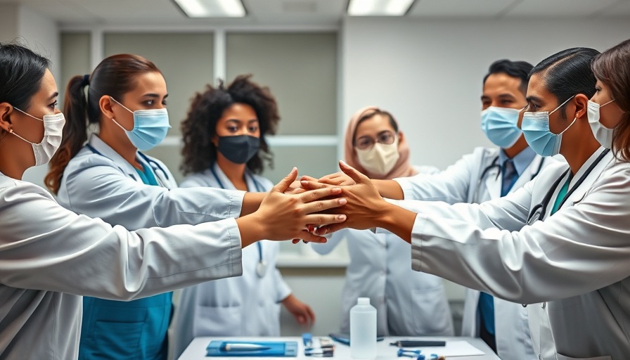 Medical professionals joining hands in unity for health equity.
