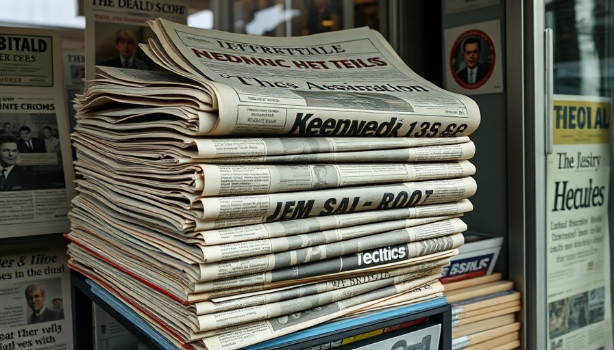 Vintage newspapers on JFK assassination displayed on a shelf.
