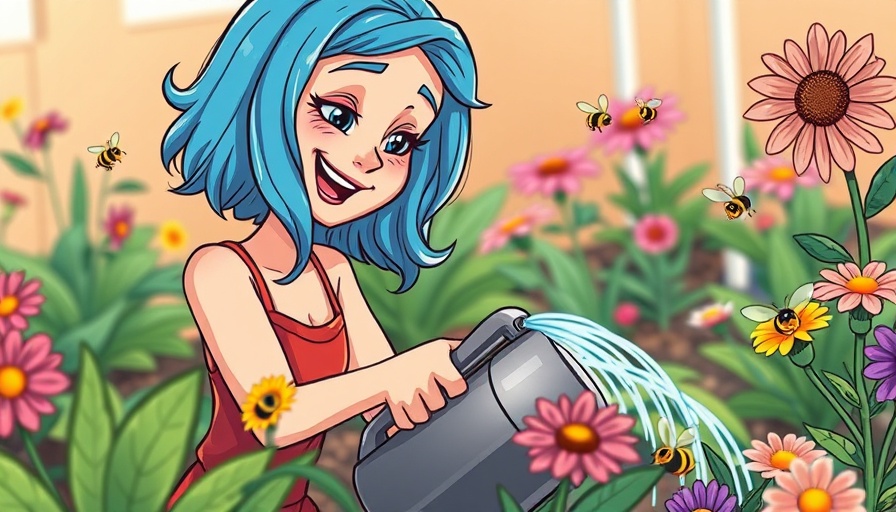Cartoon of woman watering garden, vibrant flowers and bees, digital nomads.