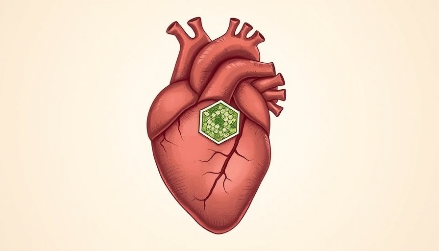 Stem cell heart patch illustration with hexagonal design.