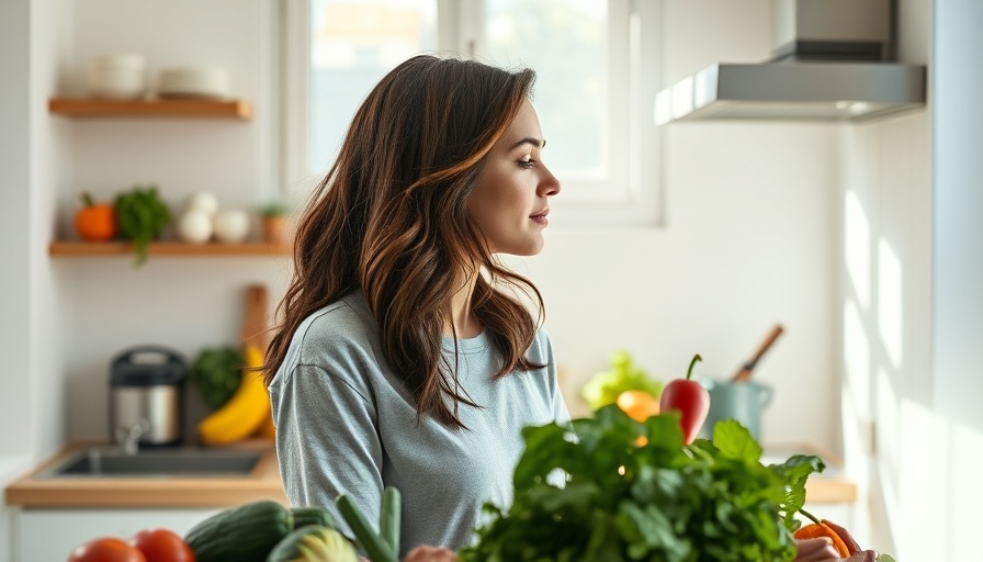Contemplation in kitchen with fresh vegetables, serene food noise.