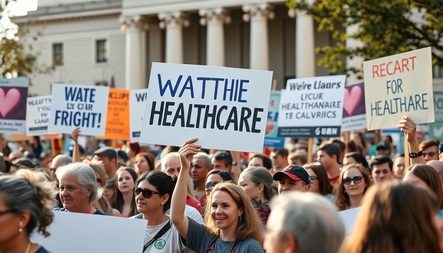 Protesters with healthcare signs in front of courthouse, Wyoming healthcare legislation