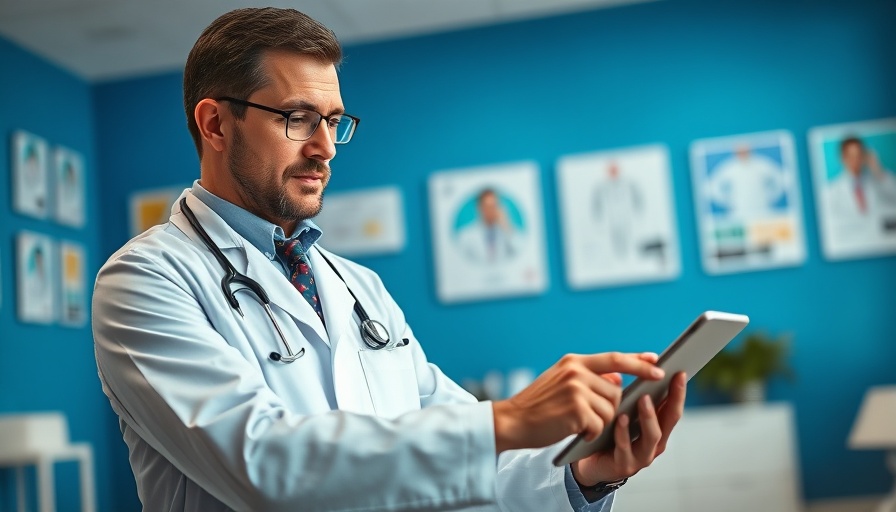 Medical professional reviewing flu cases on a tablet in a modern office.