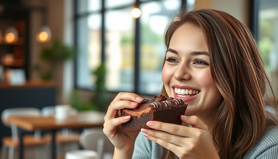Woman savoring chocolate cake in cafe, dessert stomach concept.