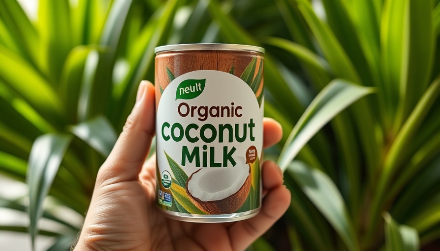 Canned organic coconut milk held in hand, green plant background.