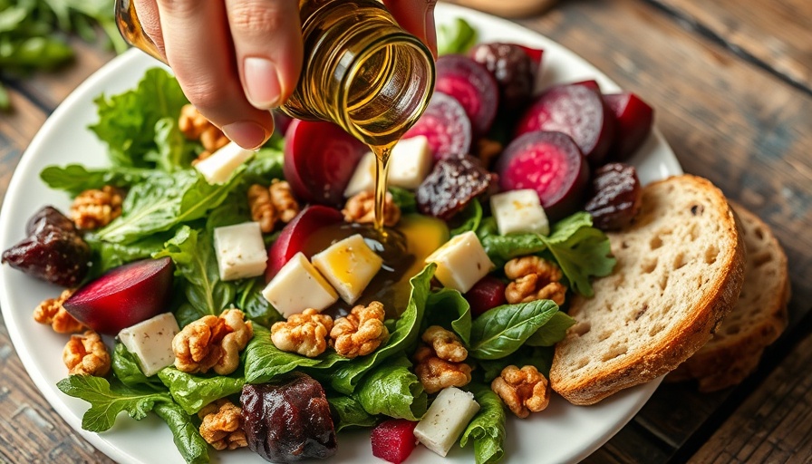 Pouring olive oil over fresh Mediterranean salad; cancer risk reduction.