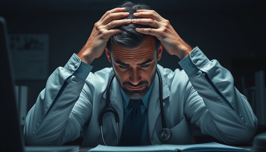 Stressed doctor with head in hands, illustrating physician stress.