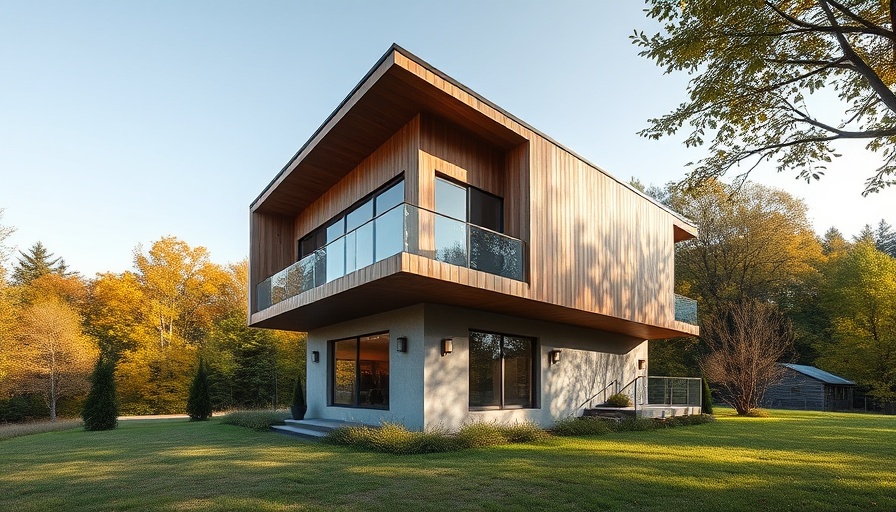 Modern two-story house with wooden and concrete design in a rural setting.