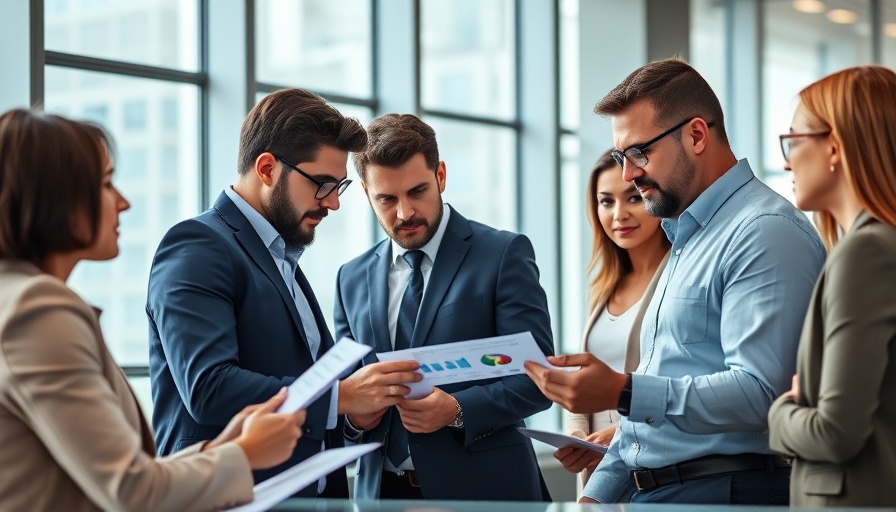 Diverse team analyzing charts in a modern conference room.