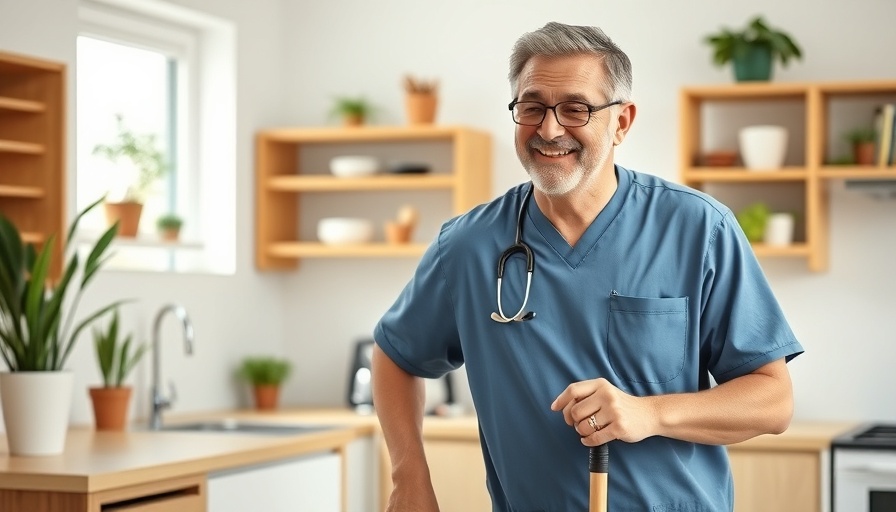 Franchisee support in home care: nurse helping elderly man in kitchen.