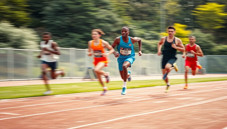 Blurry athletes racing in NCAA track event, approaching finish line.